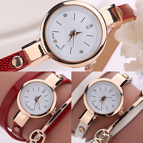 Women Long Slim Faux Leather Strap Round Analog Crystal Dial Quartz Wrist Watch