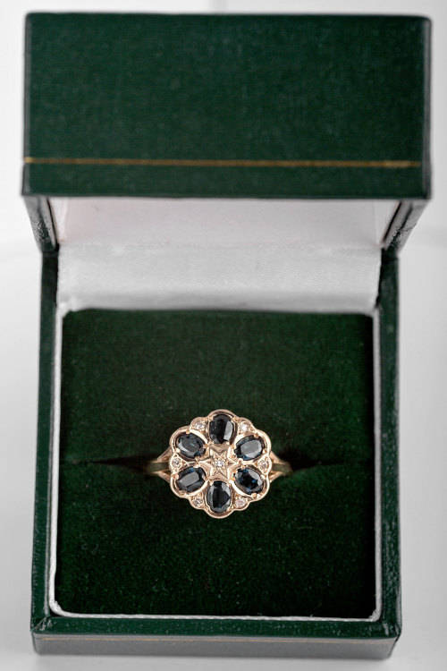 Unusual Vintage Sapphire and Diamond ring 9ct yellow gold.
