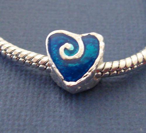 Bead Charm, Silver and Blue Heart - Fits most Euro and similar style Bracelets