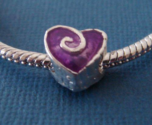 Bead Charm, Silver and Lilac Heart - Fits most Euro and similar style Bracelets