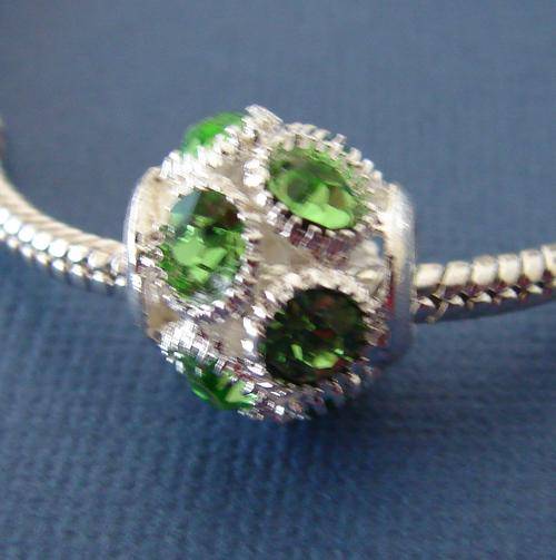 Bead Charm, Silver with Green Rhinestones - Fits most Euro and similar style Bracelets