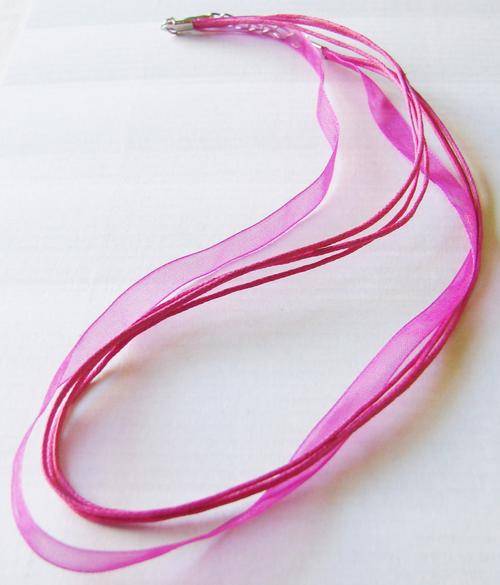 40cm Pink Ribbon & Rope Necklace with Silvertone Extension Chain & Clasp