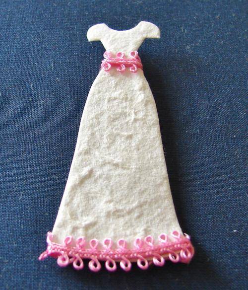 70mm x 40mm White Mulberry Paper Evening Dress with Pink Ribbon Embellishment