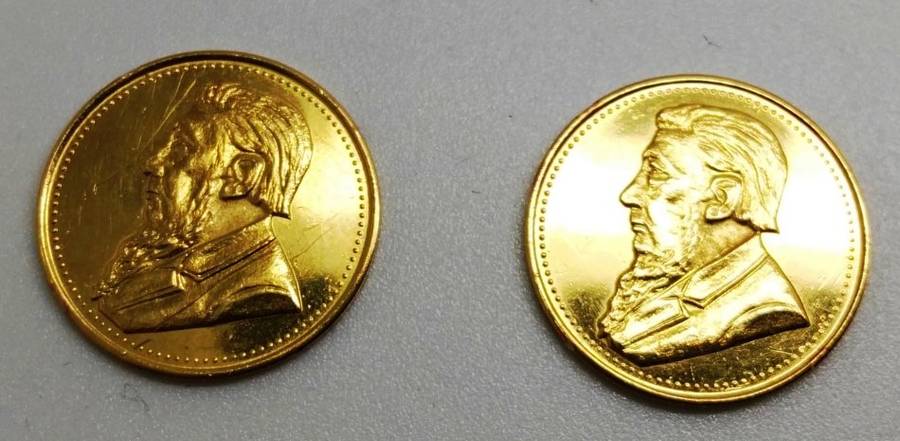 2 x 1898 Sammy Marks Tickey | Jewellers Replica coins | 22ct Gold 4.7g Total