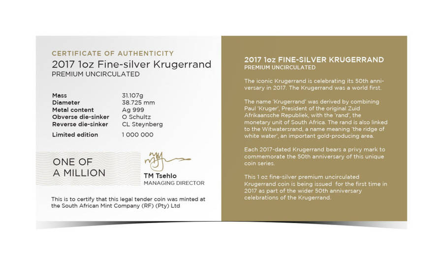 2017 | Krugerrand | 1oz Fine-Silver | Premium Uncirculated | Encapsulated with Certificate.