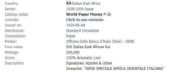 1938 | 500 Lira | Italian East African | Azzolini & Urbini signatures | Low Mintage | Rare Find