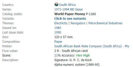 2 Rand Note | South Africa | Signature: G. P. C. de Kock