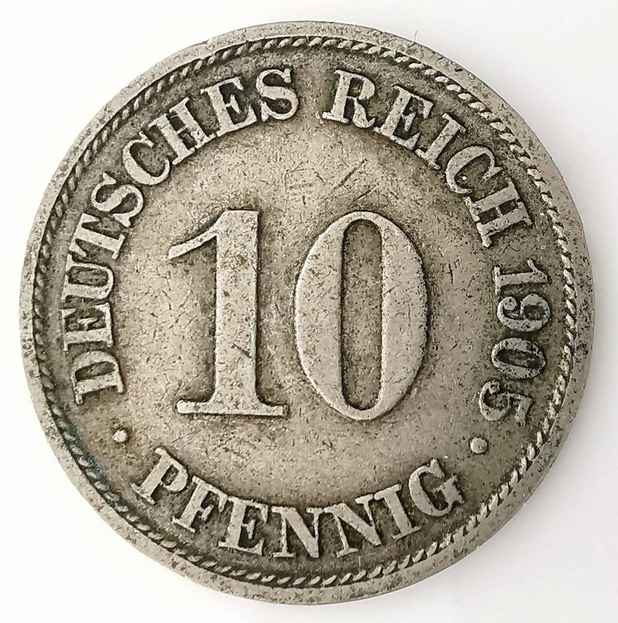 1905 | A | 10 Pfennig | Germany | 21 mm Coin | Wilhelm II | Type 2 | Small Shield