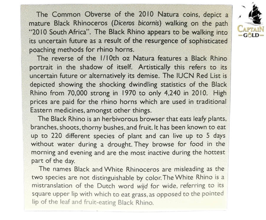 2010 | 1/10 oz | R10 | 24 Carat Gold | SA MINT | The Black Rhino | Natura Series | Lowest On BOB