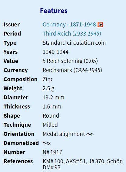 1941 | A | 5 Reichspfennig | Germany | 19.2 mm