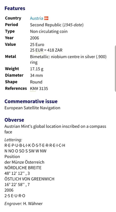 Rare | 2006 | 25 Euro European Satellite Navigation | Niobium Center of Siver .900 | High Value