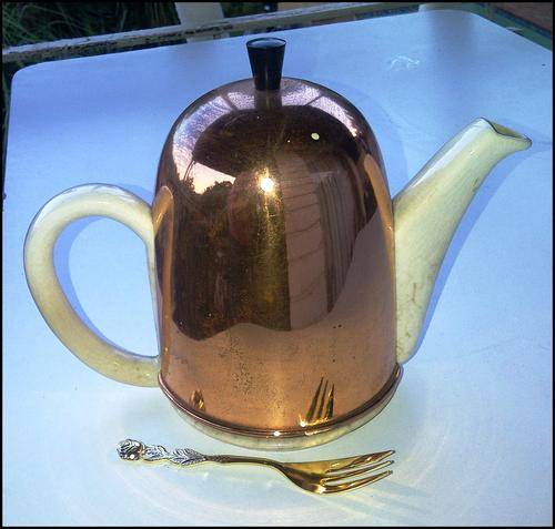 RARE VINTAGE.      (Ever-hot Coffee-Pot)            Porcelain and Copper/Brass