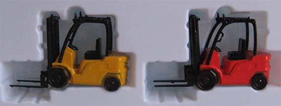 2 X FORKLIFT TRUCKS WITH SAFETY CAGE by BASE TOYS in 1/76 SCALE (NEW BOXED)