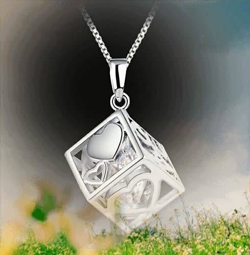 Cubic Zirconia inside a Platinum Plated Square Box Pendant with Chain