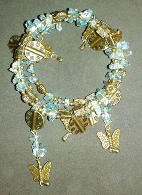 Wrap Bracelet with Anitique Charms and Aquamarine Glass Chips