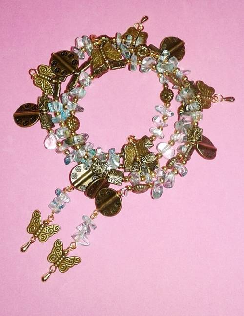 Wrap Bracelet with Anitique Charms and Aquamarine Glass Chips