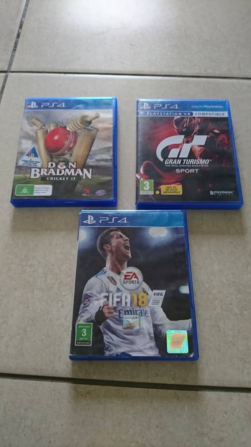 THREE PS4 GAMES, FIFA18, DON BRADMON CRICKET 17, GRAND TURISMO SPORT