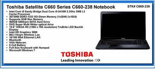 BRAND NEW SEALED TOSHIBA LAPTOP, CORE i5-2410M, 3GB, 500GB, DVD WRITER, WEBCAM, WINDOWS 7 64 BIT