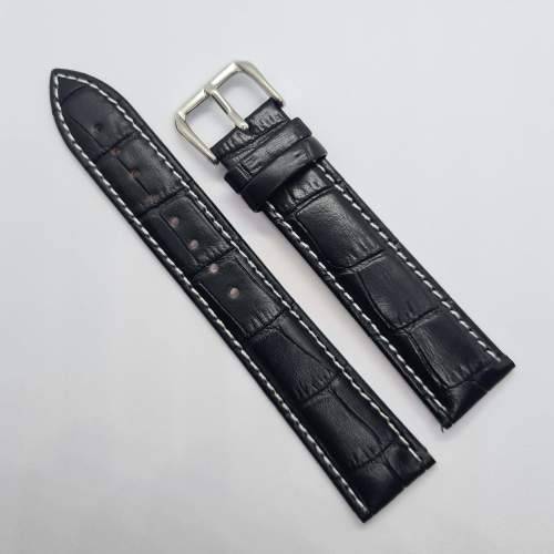 20mm Leather Watch Strap Black (White Stitches)