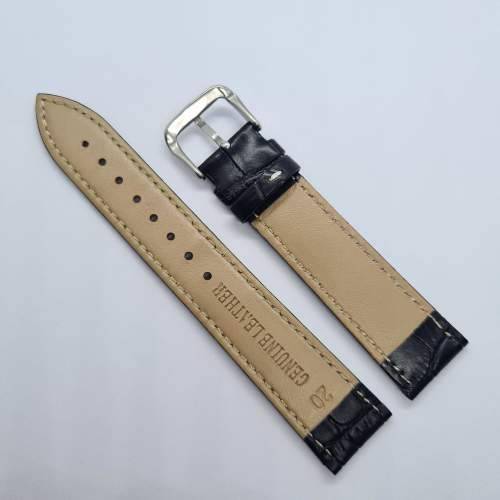 20mm Leather Watch Strap Black (White Stitches)