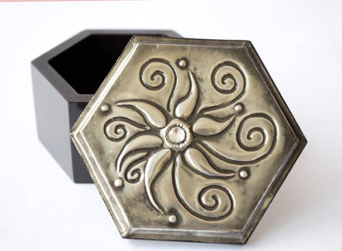 Small Wooden Hexagon Box with Pewter Art Lid