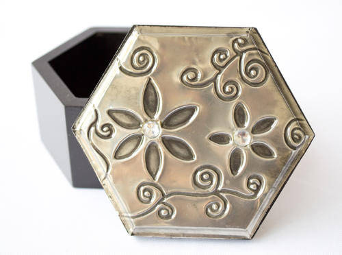 Small Wooden Hexagon Box with Pewter Art Lid