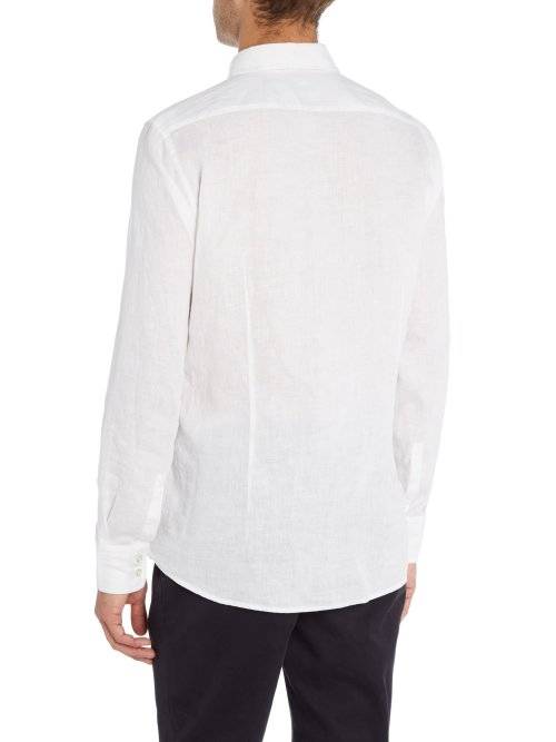 Hugo Boss (Orange Label): White Button-Up Linen Long Sleeved Shirt