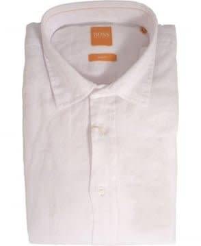 Hugo Boss (Orange Label): White Button-Up Linen Long Sleeved Shirt