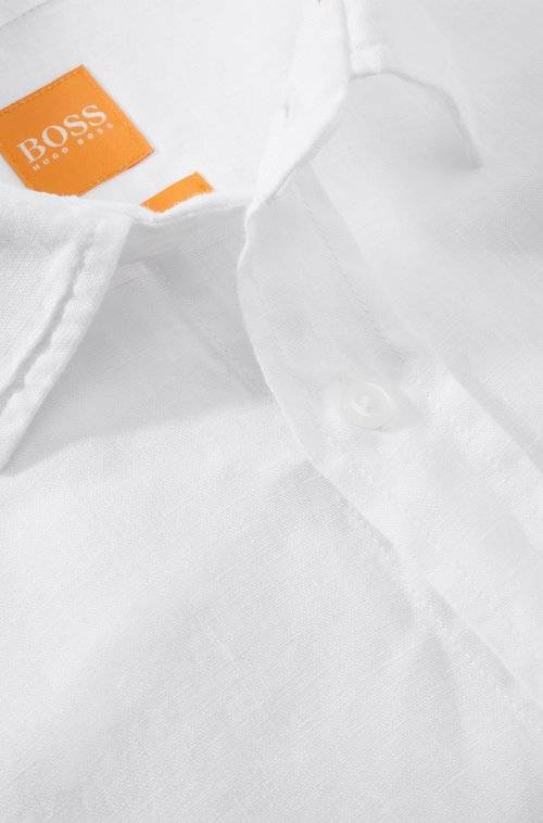 Hugo Boss (Orange Label): White Button-Up Linen Long Sleeved Shirt