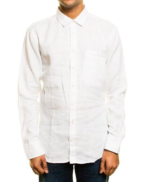 Hugo Boss (Orange Label): White Button-Up Linen Long Sleeved Shirt