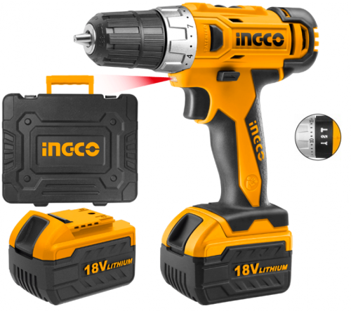 INGCO 18V Li-on Cordless Impact Drill (1 Xtra batt pack & 58pc acces.)