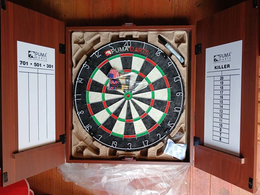 Tournament Size Puma Dart Board + Cherry Veneer Wood Cabinet (Please Read, Minor Cosmetic)