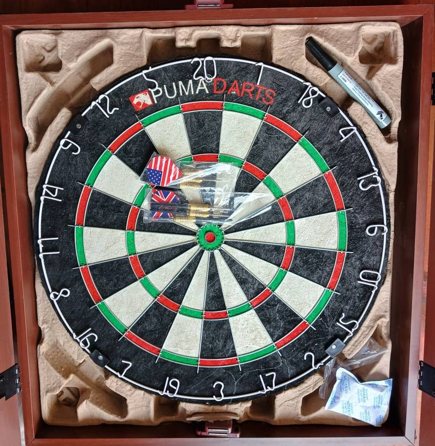 Tournament Size Puma Dart Board + Cherry Veneer Wood Cabinet (Please Read, Minor Cosmetic)