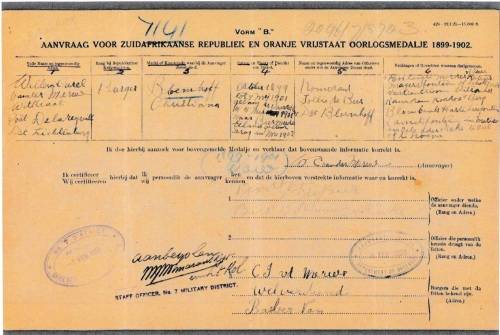 ABO Medal to Burg. Willem Carel V/D MERWE - Bloemhof Commando