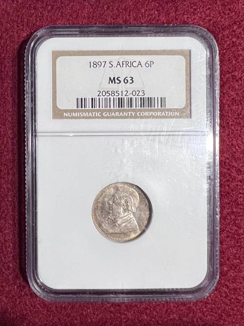 Graded ZAR 1897 Silver Sixpence (6P): NGC MS63