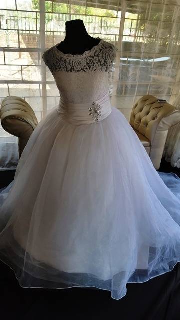 boat neck cinched waist Wedding Dress