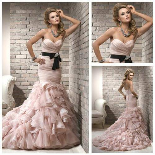 FREE SHIPPING -Pink Organza Black Ribbon Unique Sexy Mermaid Wedding Dresse - US Size 2 to 24W