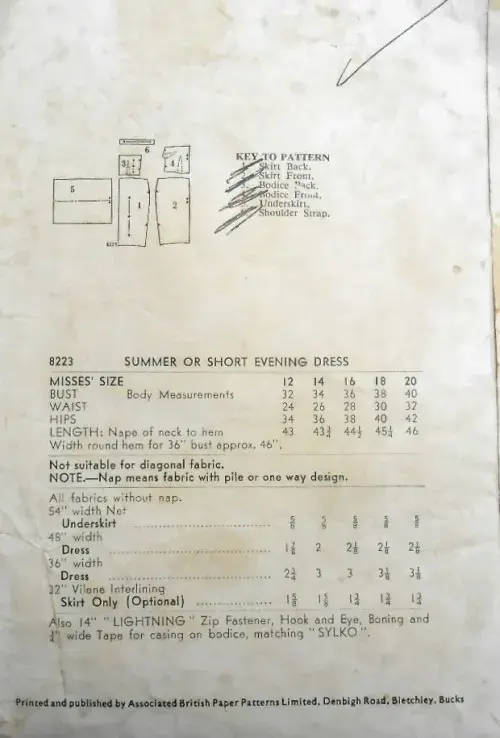 VINTAGE WELDONS 8223 LADIES SUMMER OR SHORT EVENING DRESS SIZE 14 BUST 34 COMPLETE-ZIPLOC BAG