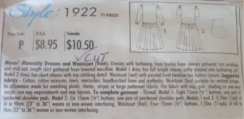 STYLE 1922 DRESS WITH BUTTON FRONT & WAISTCOAT SIZE 6 - 20 - CUT TO SIZE 20 COMPLETE SEWING PATTERN
