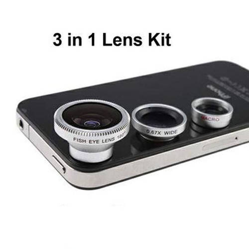 Silver 3 in 1 Wide + Macro + 180ð Fish Eye Lens Set kit for iPhone 4G 4S 5 Blackberry