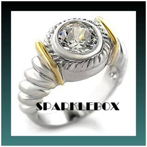 **TRENDY SOLITIARE CZ TWO TONE BAND RING**SIZE 6