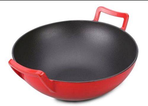 Chef WOK with double Handles - Cast Iron - ENAMEL (Red) - 36 cm