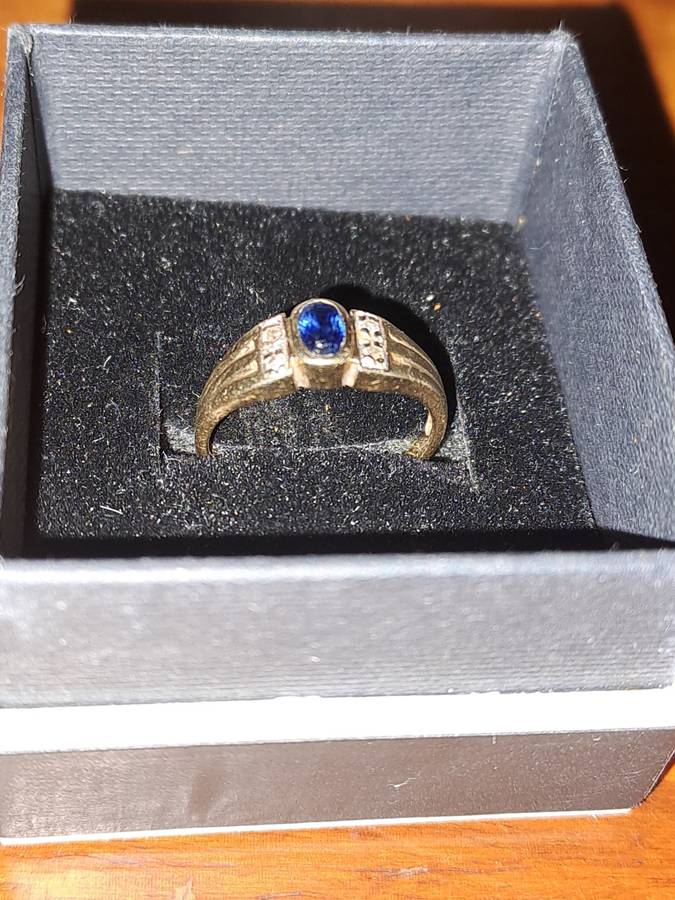 9ct Gold Ring with Natural Diamonds and Blue Stone