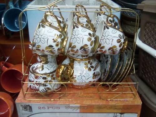 (FREE SHIPPING) 26 piece full tea coffee cups saucers set with Gold and White design