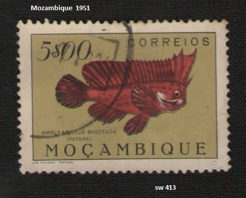 Mozambique used:1951 Fish * 5 E   *Ambiyapistus binotata