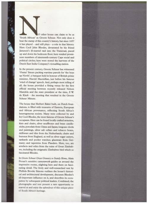 Groote Schuur: Great Granary to Stately Home  --  Phillida Brooke Simons, Alain Proust *SIGNED*