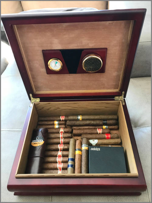 Cigar Humidor with 30 Top Cigars and Zippo Clipper