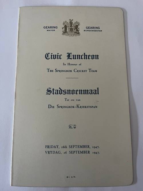 Cricket Menu - Civic Luncheon in honour of the Springbok Cricket Team 26/09/1947