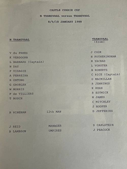Cricket Programme - Northern-Transvaal vs Transvaal 8/9/10 January 1988
