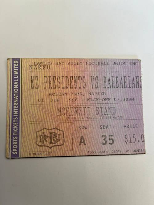Rugby Ticket - NZ Presidents vs Barbarians 01/06/1996